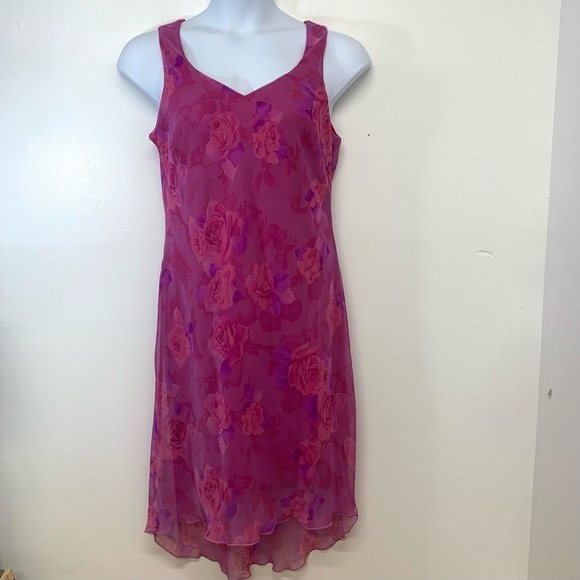 Vintage Y2K  Pink Chiffon Dress 14 Asymmetrical Floral Hi Lo Fairy Boho Sheer - Picture 1 of 14